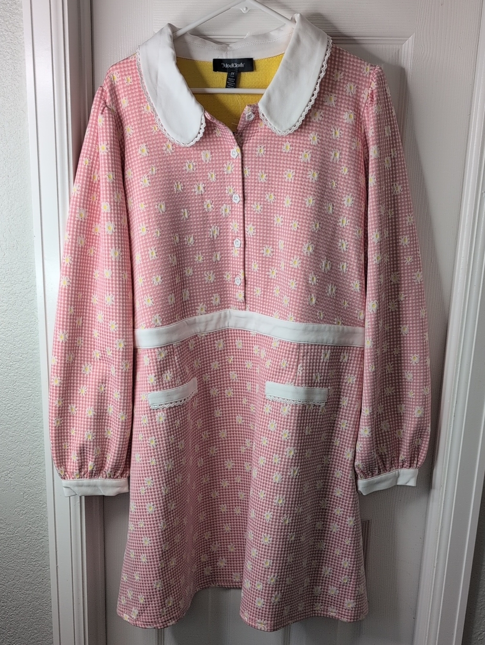 ModCloth Pink and White Long Sleeve Babydoll  Checked Floral Dress Size 2X